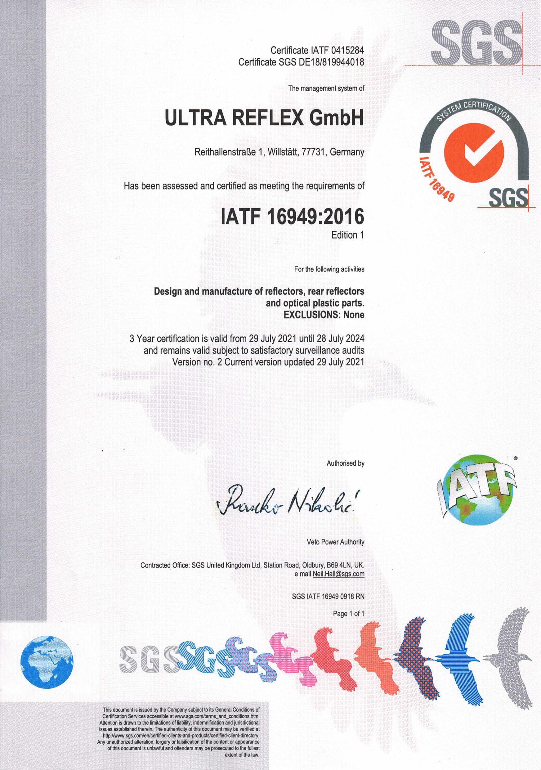 Ultra Reflex Zertifikat IATF